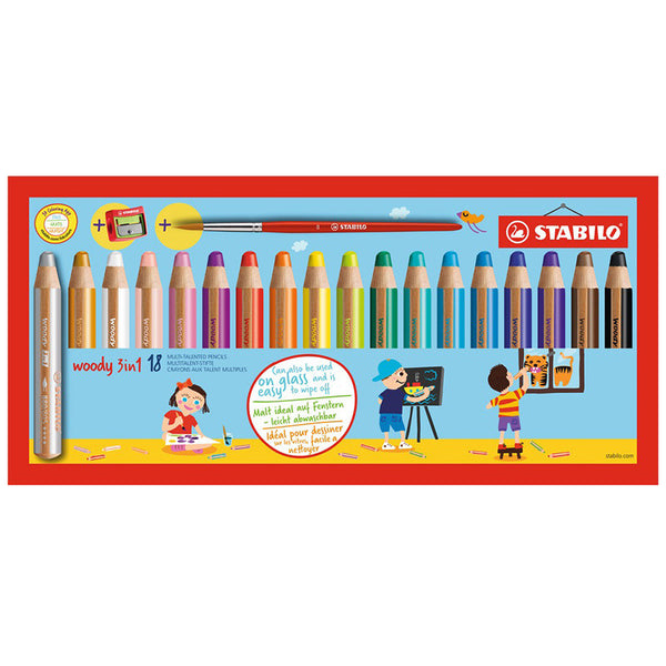 Crayons 3-en-1 Woody / Ensemble de 18 couleurs avec aiguisoir et pinceau