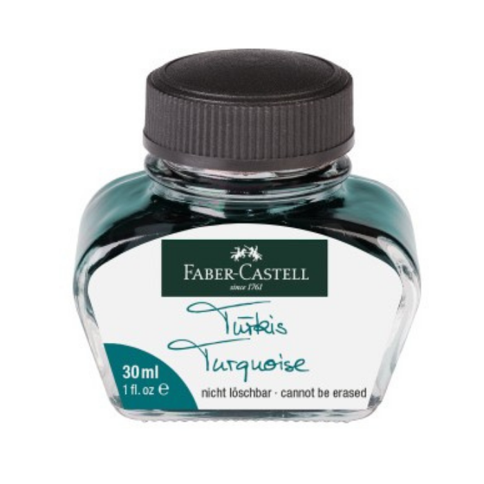 Encre turquoise permanente 30 ml de Faber-Castell pour stylo-plume rechargeable. Produit carboneutre de Faber-Castell. - Studio d'art Shuffle.